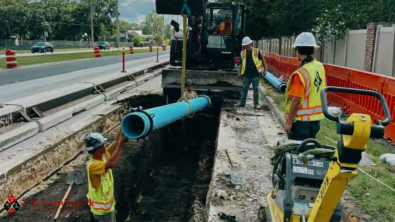 TB Landmark crew lowering water pipe into a trench